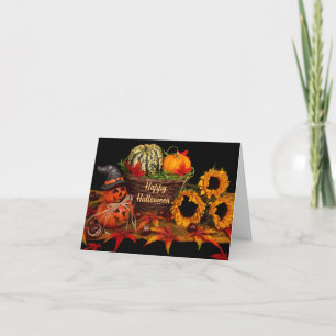 Tarjeta Calabazas y girasoles de feliz Halloween