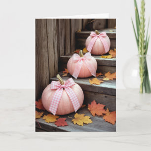 Tarjeta Calabazas y hojas de otoño rosadas