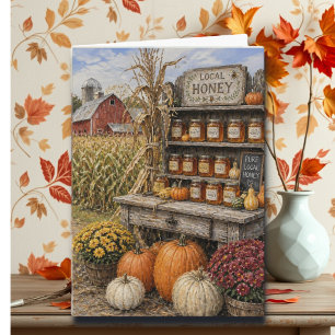 Tarjeta Calabazas y puesto de miel casera de granja otoño