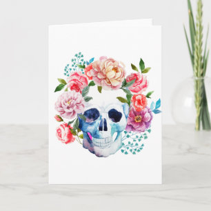 Tarjeta Calavera acuarela artística y flores
