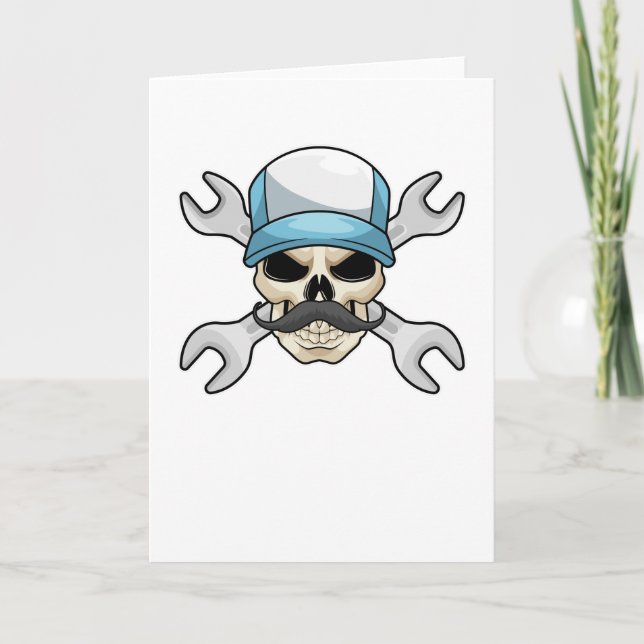 Tarjeta Calavera con bigote y llave inglesa (Anverso)