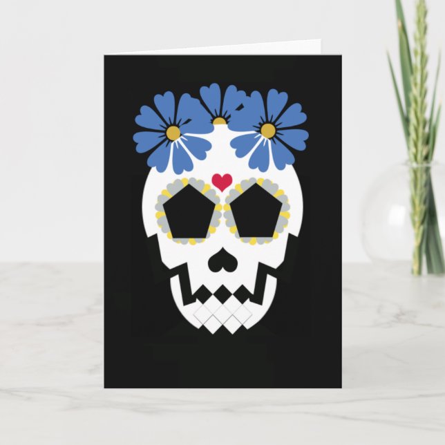Tarjeta Calavera con flores azules (Anverso)