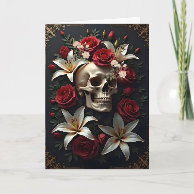 Tarjeta Calavera con flores rojas y blancas Cumpleaños (Anverso)