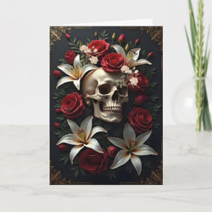 Tarjeta Calavera con flores rojas y blancas Cumpleaños