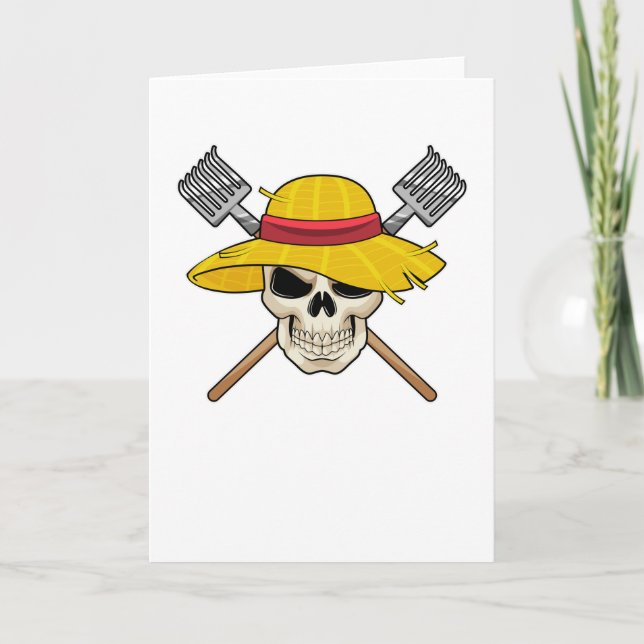 Tarjeta Calavera con sombrero como granjero con rastrillo (Anverso)