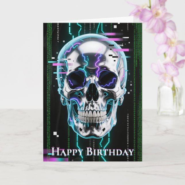 Tarjeta Calavera cromada de neón de alta tecnología (Orquídea)