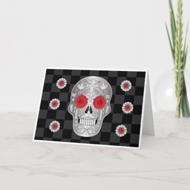 Tarjeta Calavera cromada (tarjeta rosa roja) (Anverso)