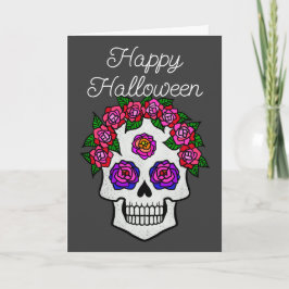 Tarjeta Calavera de arcoíris con rosas Feliz Halloween