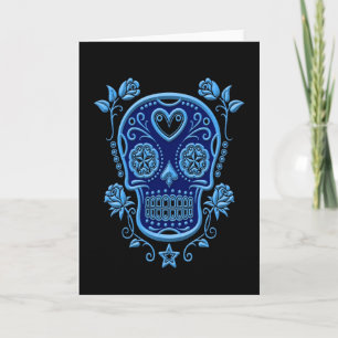 Tarjeta Calavera de azúcar azul con Rosas en negro
