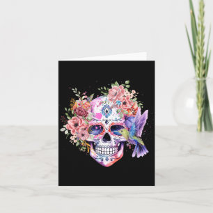 Tarjeta Calavera de azúcar Flor Retro con Colibrí