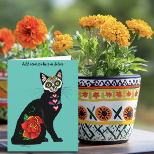 Tarjeta Calavera de Azúcar Gato Negro