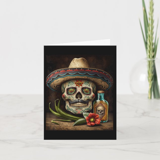Tarjeta Calavera de azúcar mexicana Tequila Sombrero Cinco (Anverso)