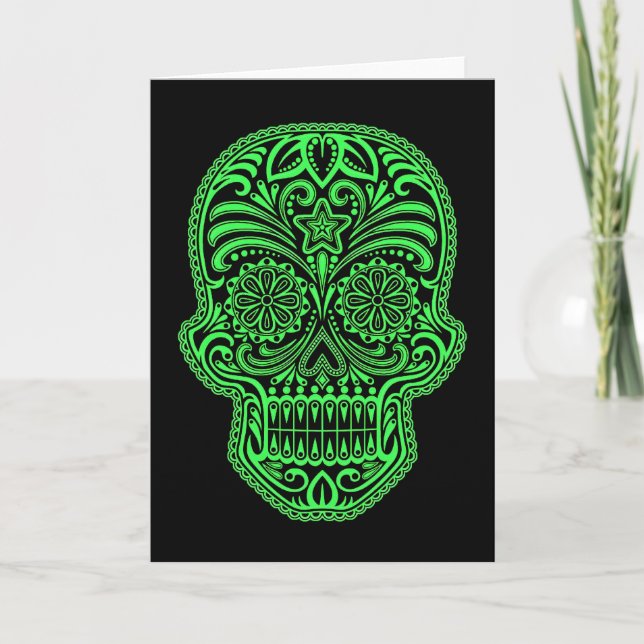 Tarjeta Calavera de azúcar verde y negro decorativa (Anverso)