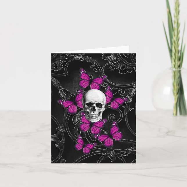 Tarjeta Calavera de fantasía y mariposas rosadas calientes (Anverso)