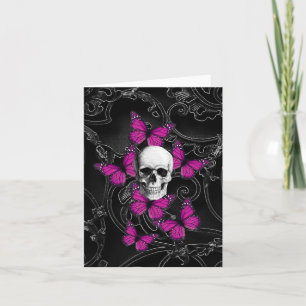 Tarjeta Calavera de fantasía y mariposas rosadas calientes