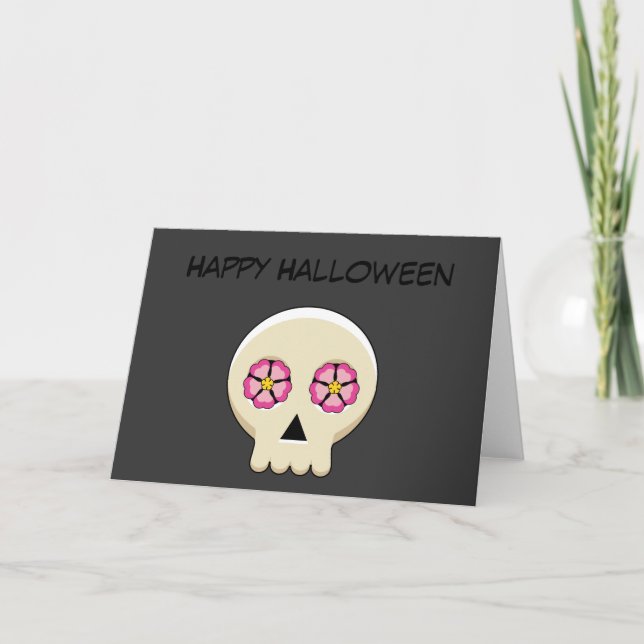 Tarjeta Calavera de Gótico kawaii con flores | Añadir text (Anverso)