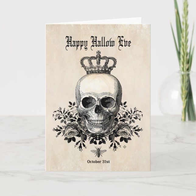 Tarjeta Calavera de Halloween de época moderna con corona (Anverso)
