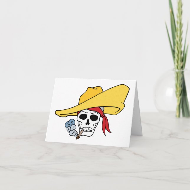 Tarjeta Calavera fumadora de Halloween con pañuelo de dibu (Anverso)