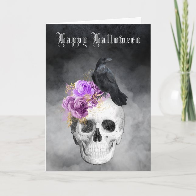 Tarjeta Calavera gótica y feriado Raven Halloween (Anverso)