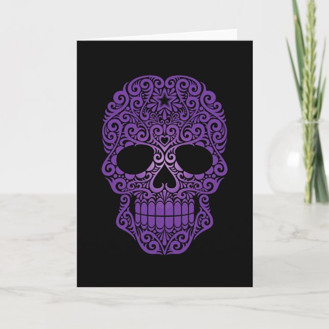 Tarjeta Calavera morada de azúcar en negro (Anverso)