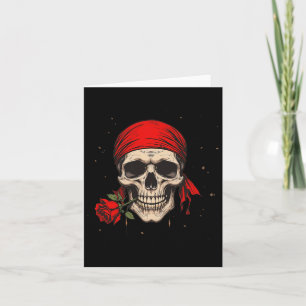 Tarjeta Calavera Pirata Y Huesos Cruzados Mano Flor Roja P