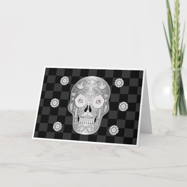 Tarjeta Calavera (rosa blanca) cromada (Anverso)