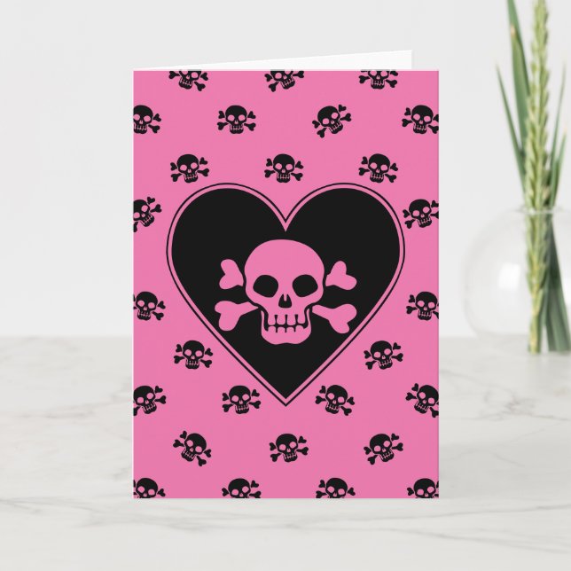 Tarjeta Calavera rosa en corazón (Anverso)