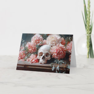 Tarjeta Calavera vintage y flores rosas claras