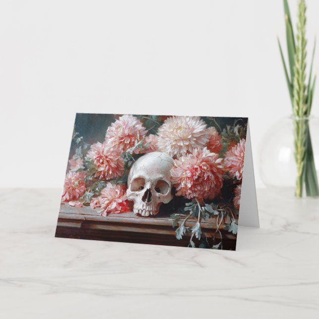 Tarjeta Calavera vintage y flores rosas claras (Anverso)