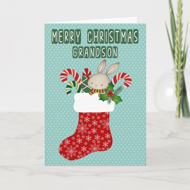 Tarjeta Calcetín de Navidad para nieto con conejo (Anverso)