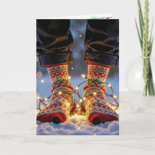 Tarjeta Calcetines de Navidad y Luces Navideñas en Nieve