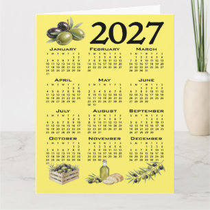 Tarjeta Calendario 2027, Aceitunas Mediterráneas. Amarillo