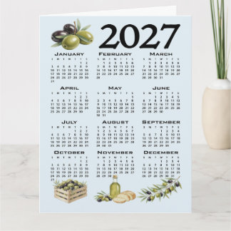 Tarjeta Calendario 2027, Aceitunas Mediterráneas, Azul