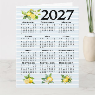Tarjeta Calendario 2027 estilo italiano limones rayas azul