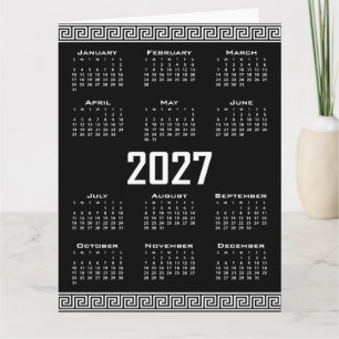 Tarjeta Calendario 2027, Falso Griego, Blanco sobre Negro