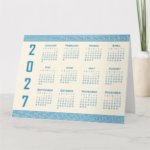 Tarjeta Calendario 2027, Fret Griego, Azul sobre Latte Cós