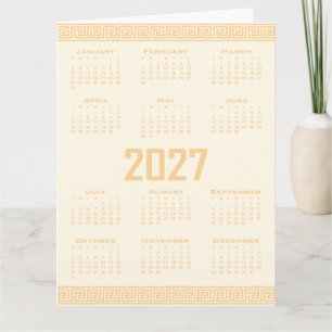 Tarjeta Calendario 2027, Fret Griego, Beige sobre Latte Có