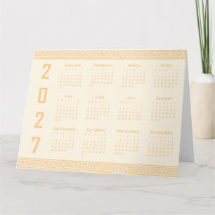 Tarjeta Calendario 2027, Fret Griego, Beige sobre Latte Có