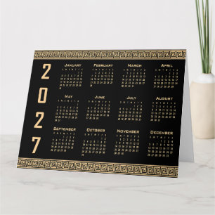 Tarjeta Calendario 2027, Fret Griego, Beige sobre Negro