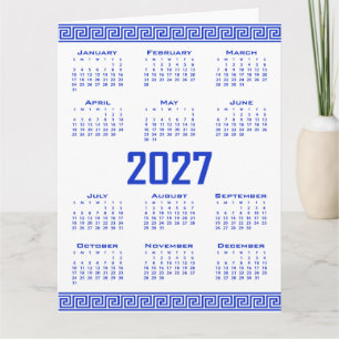 Tarjeta Calendario 2027, greca, azul griego sobre blanco