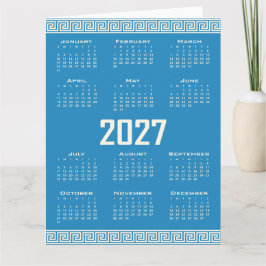 Tarjeta Calendario 2027, Greca, Cosmic Latte sobre Azul