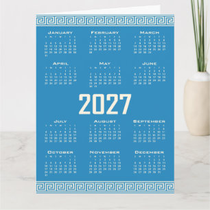 Tarjeta Calendario 2027, Greca, Cosmic Latte sobre Azul