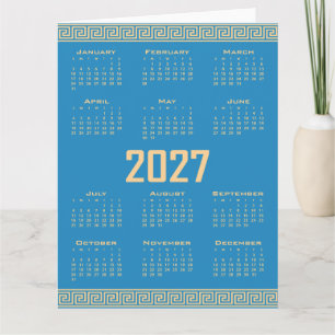 Tarjeta Calendario 2027, Greca Griega, Beige sobre Azul Co
