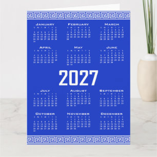 Tarjeta Calendario 2027, greca griega, blanco sobre azul g