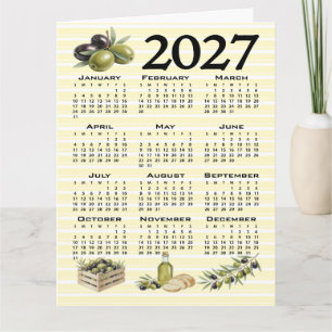 Tarjeta Calendario 2027, Olivas Mediterráneas Rayas Amaril
