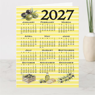 Tarjeta Calendario 2027, Olivas Mediterráneas Rayas Amaril