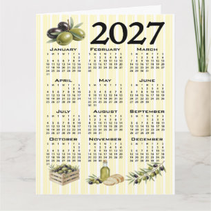 Tarjeta Calendario 2027, Olivas Mediterráneas Rayas Amaril