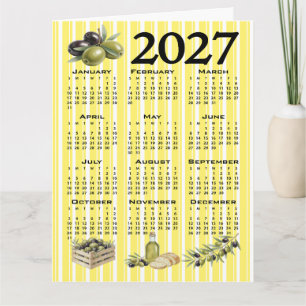 Tarjeta Calendario 2027, Olivos Mediterráneos Rayas Amaril