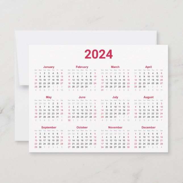 Tarjeta Calendario anual simple rojo y blanco 2024 (Anverso)