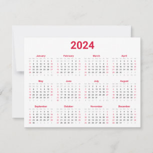 Tarjeta Calendario anual simple rojo y blanco 2024